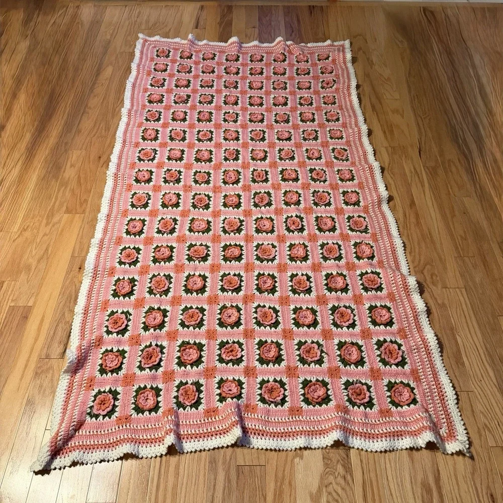Vintage Crochet 3D Rose Flower Granny Square Blanket Afghan Pink Green 45x86 Bed